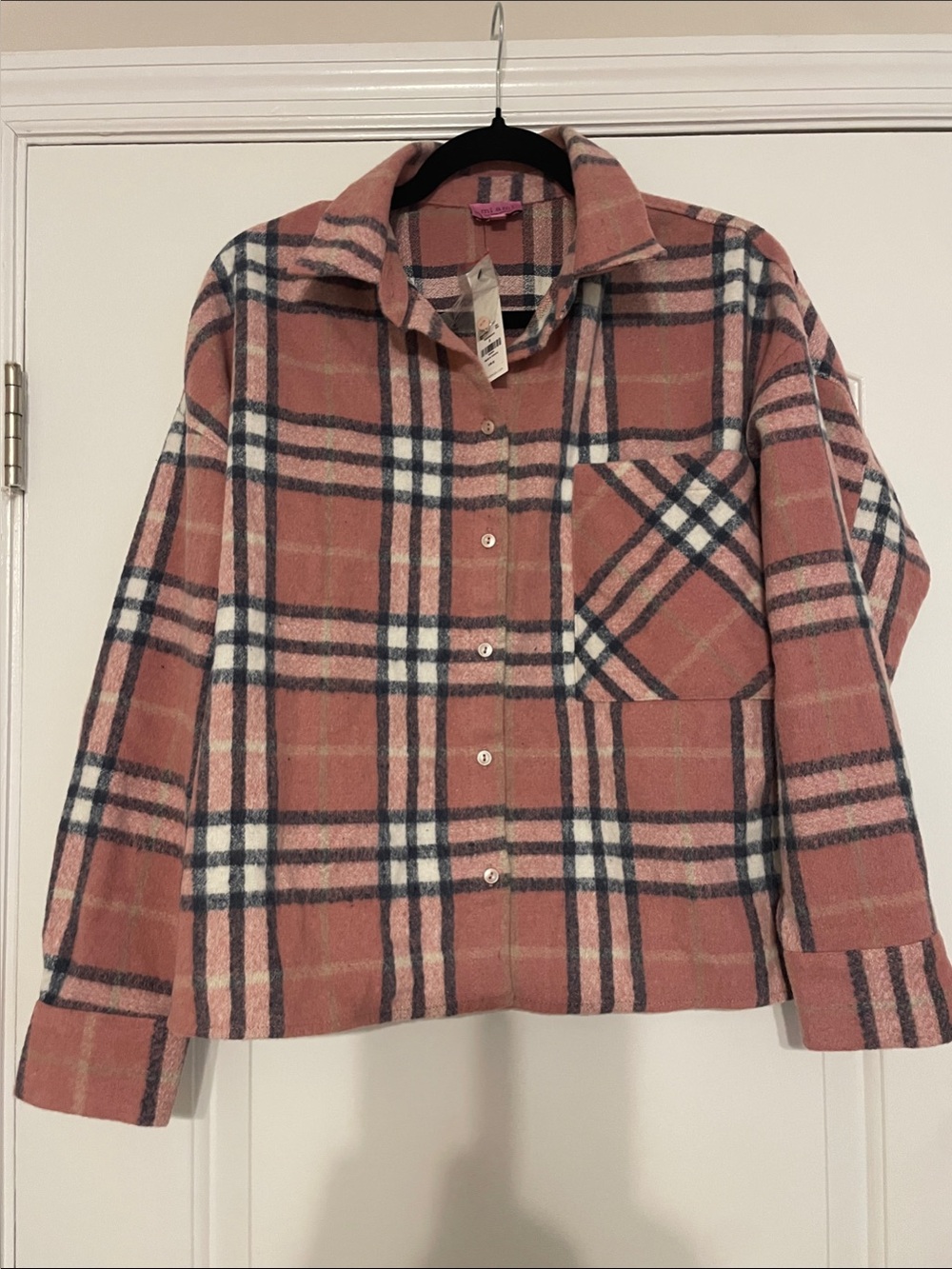 Francesca's Collections Pink Plaid Button-Front Utility Jacket